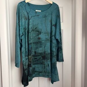 Long-Sleeve Teal Printed Tunic Top